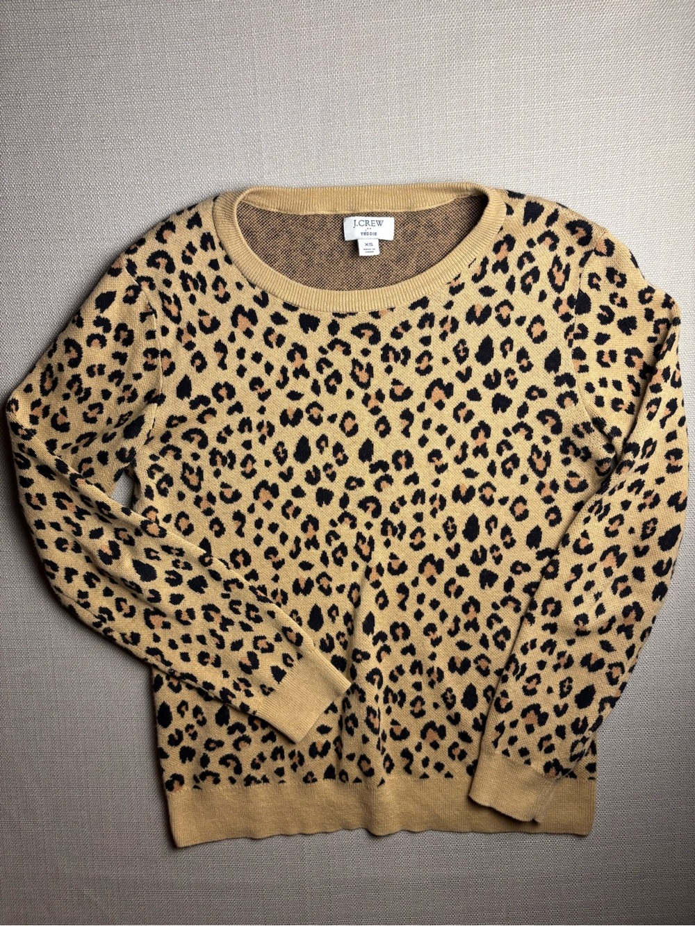 J.Crew Teddie Sweater Women XS Leopard Animal Print 100% Cotton Crewneck